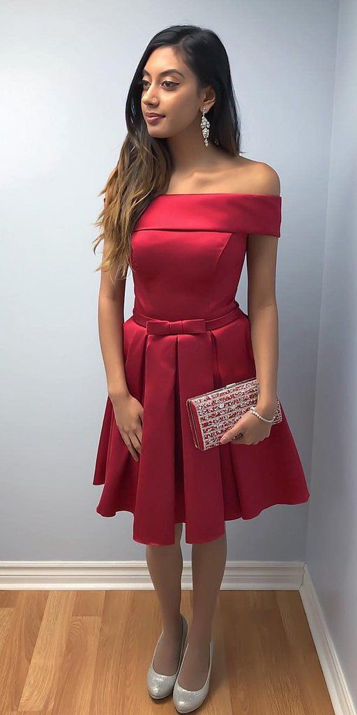 Off Shoulder Red Short Dress Custom Made Homecoming Dresses Ariel Satin Short Fashion Short Simple School Dance Dress CD3901