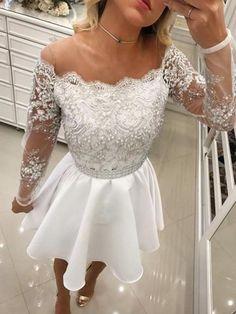 New Homecoming Dresses Shania Arrival A-Line Round Neck Long Sleeves White Pearls Short CD396