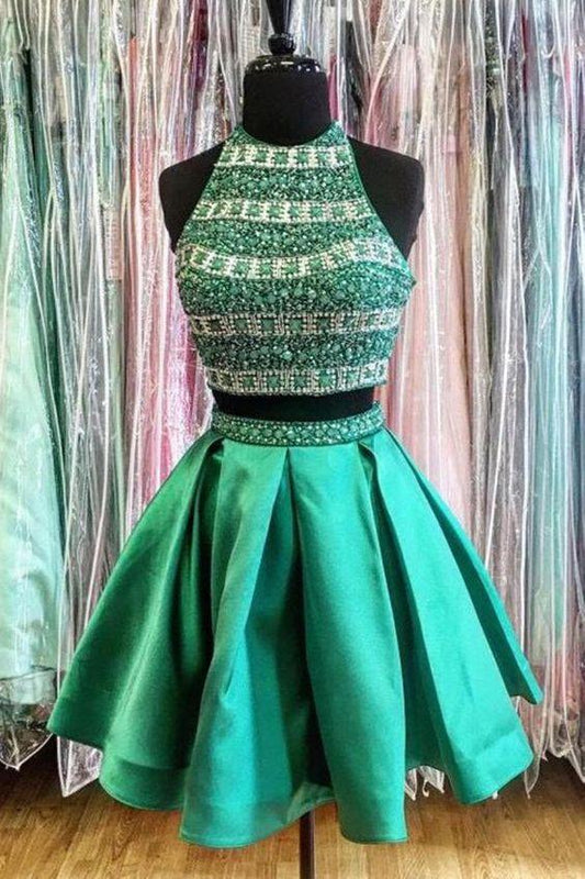 Two Pieces Satin Homecoming Dresses Luna Morden Green s Beading Round Neck Short CD4003