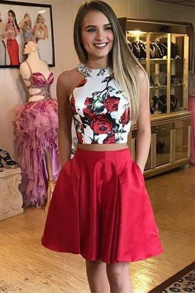 Two Piece Floral Red Short With Pocket Simple Homecoming Dresses Caitlin A Line Knee Length Graduation Party Dress CD407