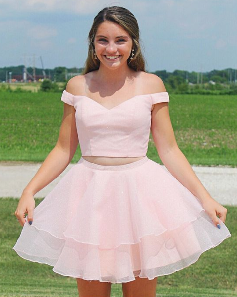 Off The Shoulder With Beading Aileen A Line Pink Two Pieces Homecoming Dresses CD4081