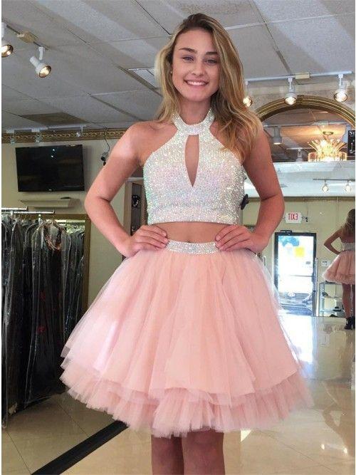 Cute Halter Two Piece Homecoming Dresses Pink Sanaa Beaded Short CD419