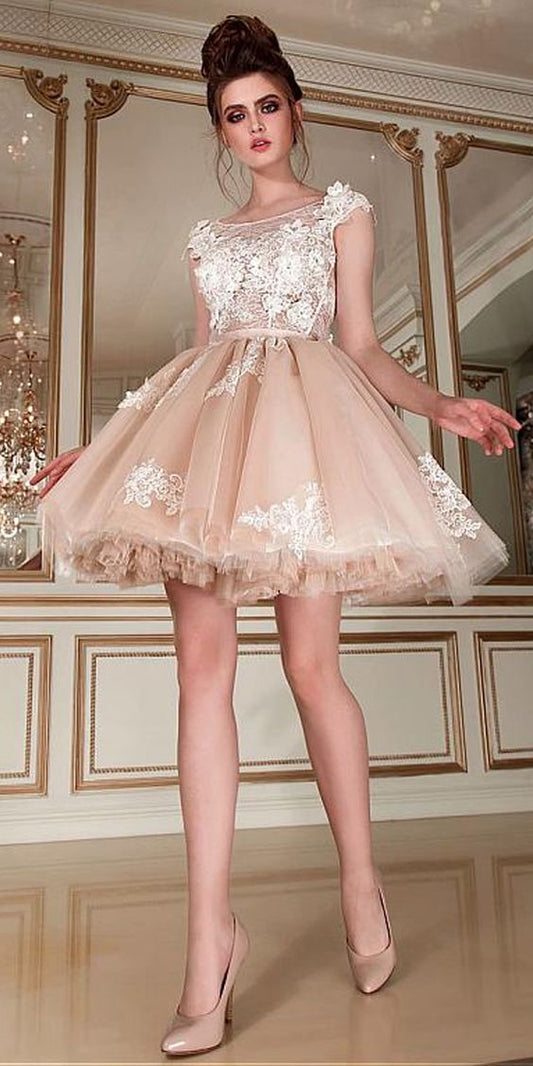 Romantic Tulle & Scoop Neckline Short Jemima Lace Homecoming Dresses With Appliques & 3D Flowers CD423