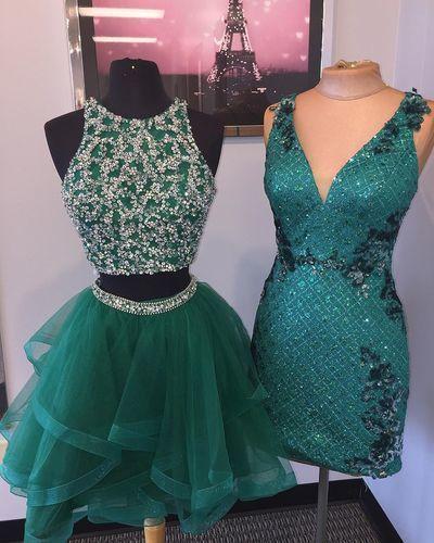 Elegant Short Beaded Tulle Party Gown Homecoming Dresses Ingrid Green Two Piece Dress CD4360