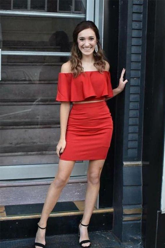 Two Piece Off-The-Shoulder Above-Knee Red With Homecoming Dresses Kayleigh Ruffles CD4447