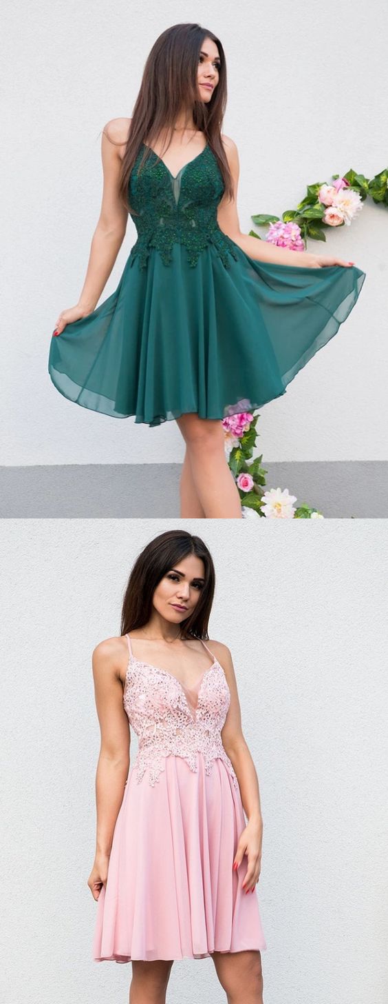 V Neck Short V Neck Lace Homecoming Dresses Pink A Line Lydia Short Dresses CD4587 Green