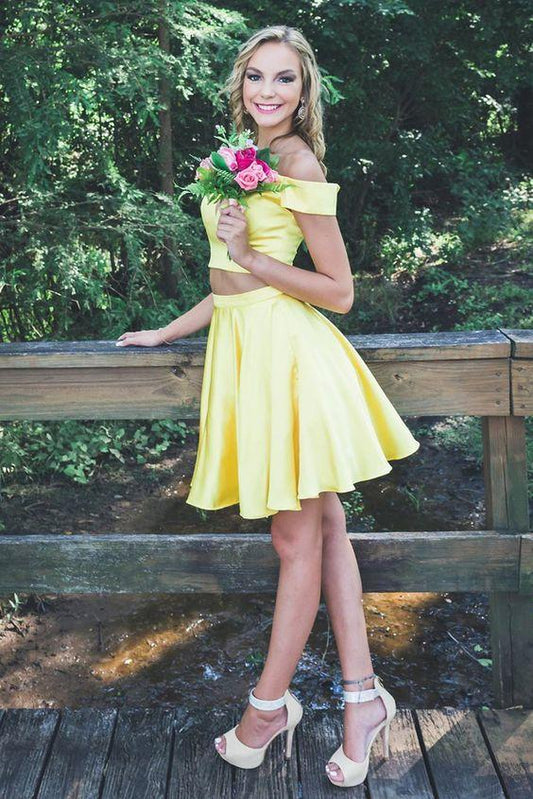 Off The Shoulder Nataly Homecoming Dresses Two Piece Party Dress Yellow Short CD4795