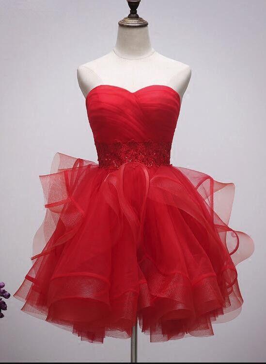 Beautiful Red Tulle Short Sweetheart -Up Teen Party Dress Homecoming Dresses Rebekah Lace Tea Formal Dress CD4834