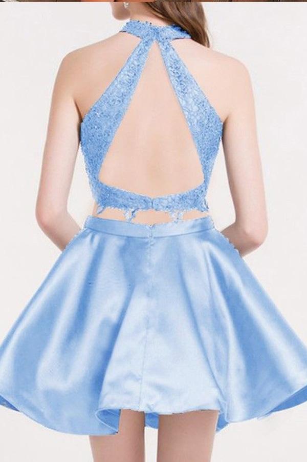 Skye Blue Two Piece A Line Homecoming Dresses Tatum Halter Sleeveless Keyhole Back Appliques Short CD61