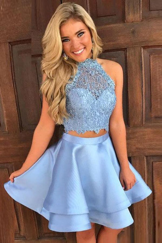 Skye Blue Two Piece A Line Homecoming Dresses Tatum Halter Sleeveless Keyhole Back Appliques Short CD61