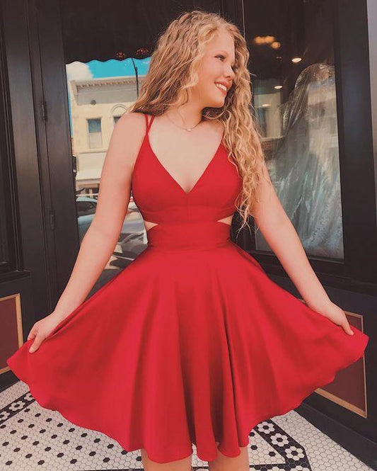 Cute Short V A Line Hadassah Homecoming Dresses Neck Red Double Straps Hoco Party Dress With Cut Outs Short CD6303