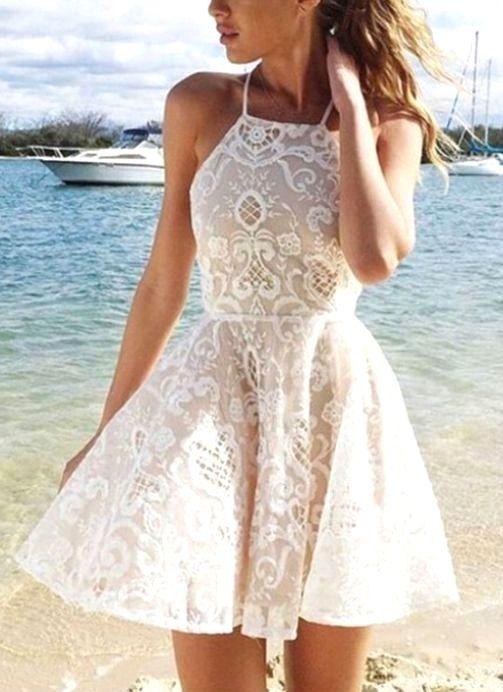 A-Line Halter Short Dress Party Dress Simple Ivory Homecoming Dresses Rita Lace Popular CD67