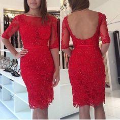 Half Emily Homecoming Dresses Lace Sleeve Short With Beaded Red Evening Dress Knee Length Gown CD6749