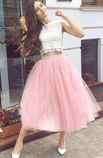 Fashion Two Piece Tulle Homecoming Dresses Kallie Pink Lace Party Dress CD8030