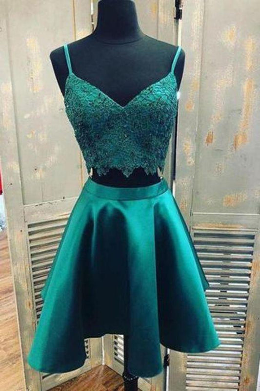 Teal Two Piece Homecoming Dresses Satin Averi Lace With Spaghetti Strap Graduation CD8105