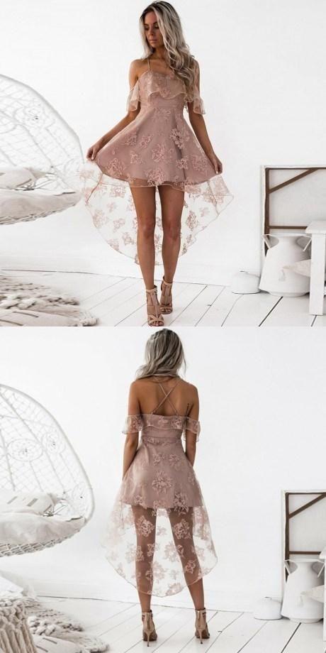 Fancy Party Dress A-Line Spaghetti Carlie Homecoming Dresses Lace Straps High Low Blush With Ruffles CD85