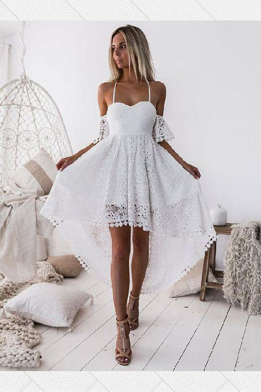 Tatum Lace Homecoming Dresses White Party Dress A-Line Spaghetti Straps Short Sleeves High Low White CD87