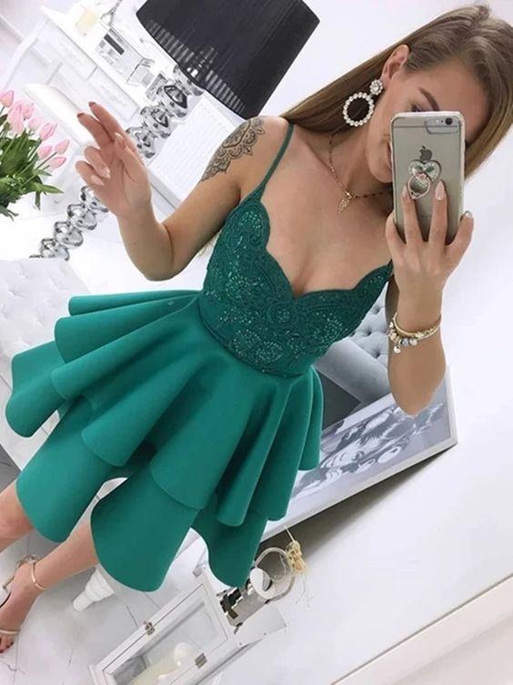 Spaghetti Straps Green Short Layered Green Formal Graduation Evening Dresses Louise Homecoming Dresses Lace CD8744