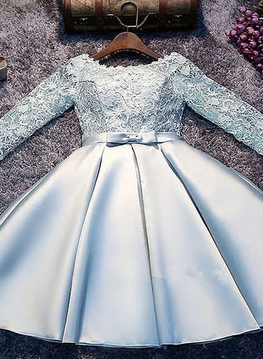 Light Blue And Long Sleeves Party Dress Cute Short Lace Satin Homecoming Dresses Lyla Graduation CD8766