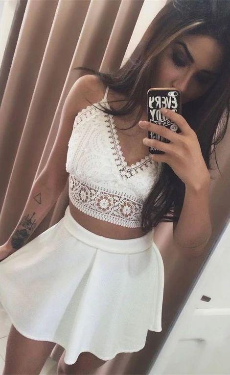 Two Piece Spaghetti Carissa Homecoming Dresses Lace Straps Short White With CD8957