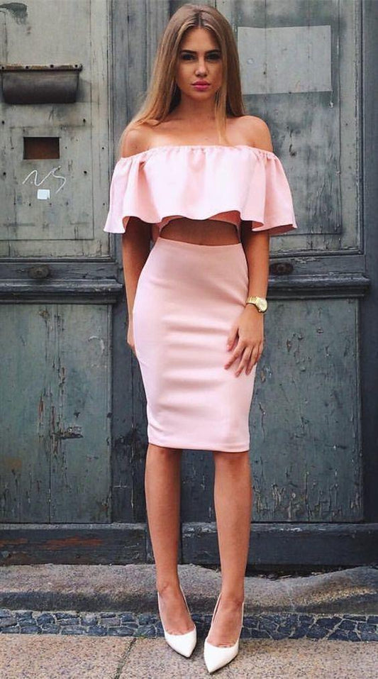 Two Piece Off-The-Shoulder Jazmyn Homecoming Dresses Pink Knee-Length With Ruffles CD916