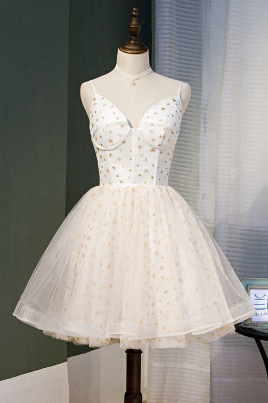 Cute Straps Sweetheart -Up Party Dress Short Dress Homecoming Dresses Iris Lace A Line Ivory CD9198