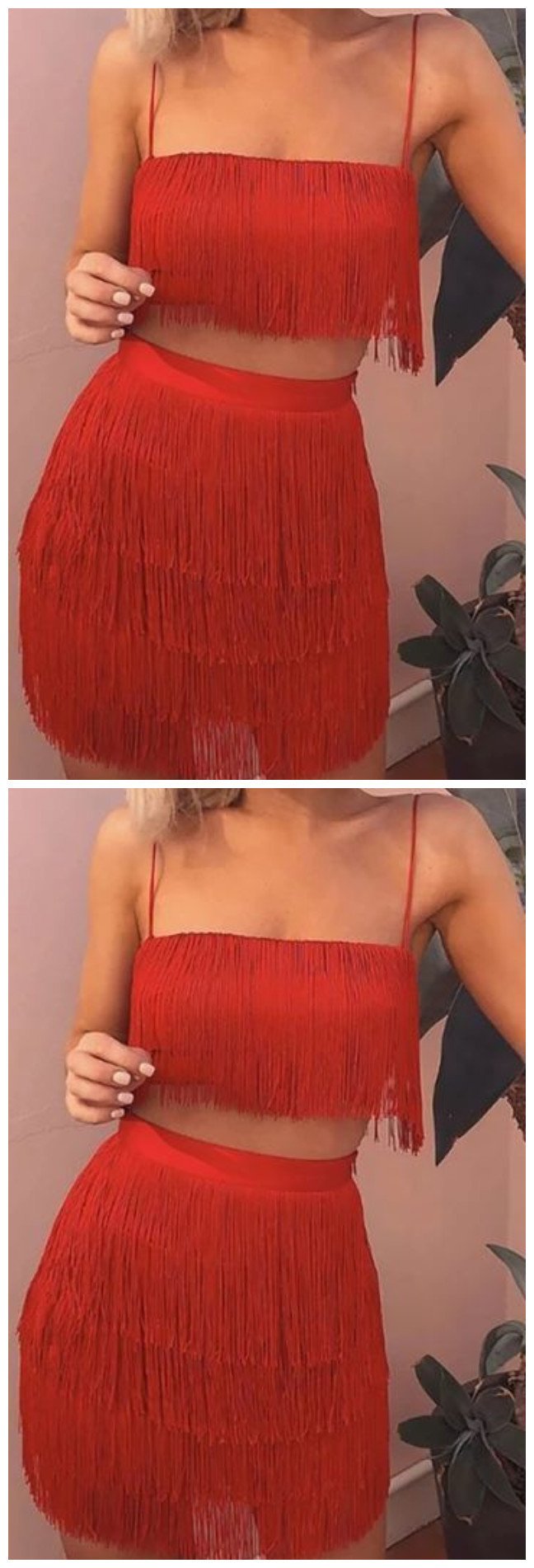 Sleeveless Spaghetti Strap Fringe Crop Kailee Homecoming Dresses Top Bodycon Two Piece Mini CD9312