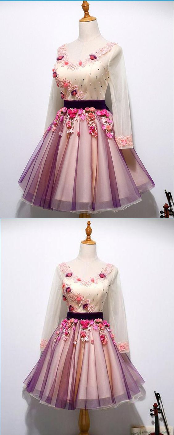 Cute Spring Tulle V Homecoming Dresses Lace Tia Neck Short Applique Party Dress With Sleeves CD9646