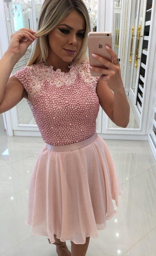 Elegant Junior Hoco Homecoming Dresses Nevaeh Pink Party Dresses With Beaded Cute Semi Formal Gowns With Cap Sleeves CD9744