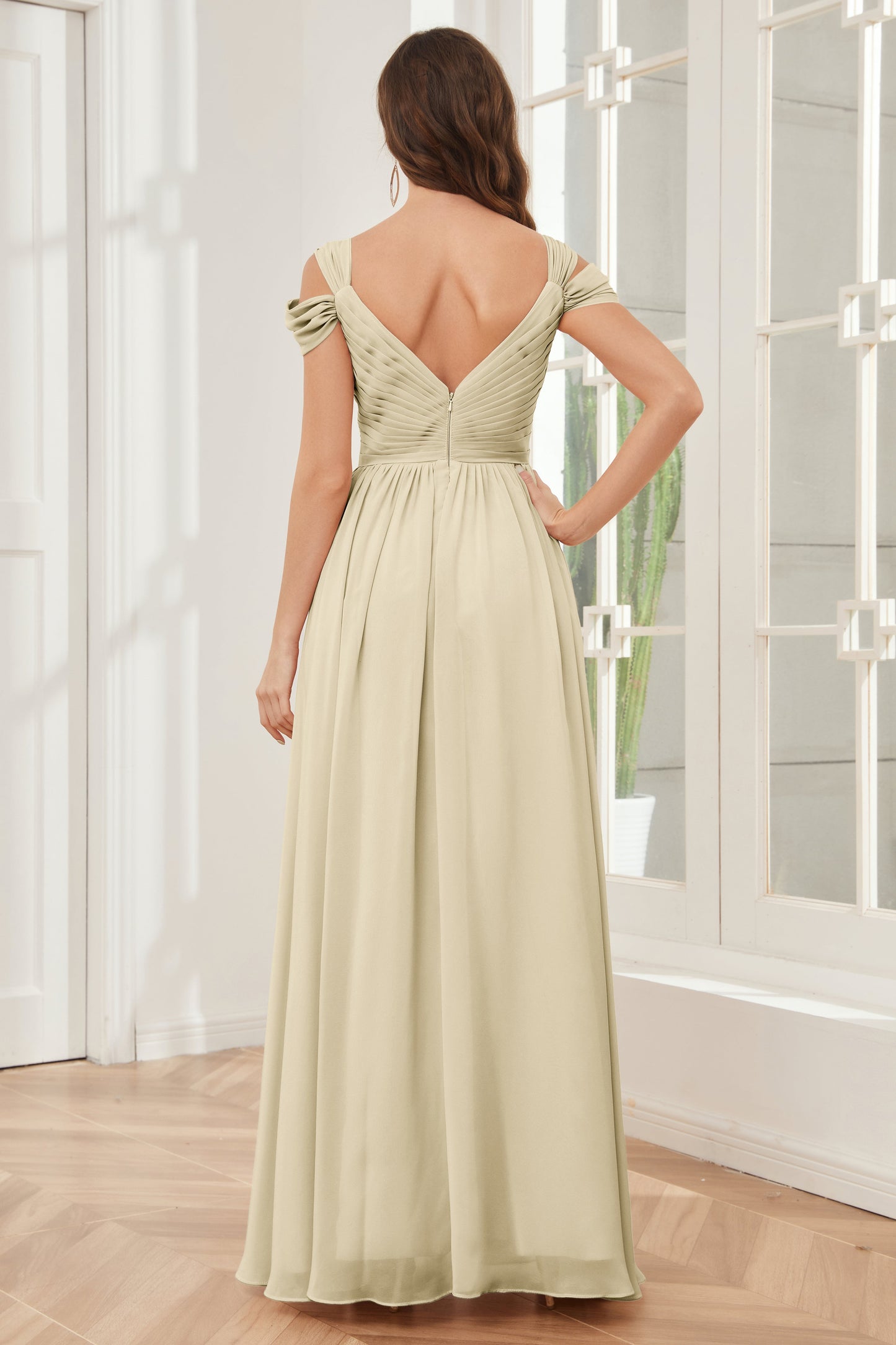 Off-the-Shoulder side Slit Empire Bridesmaid Dresses