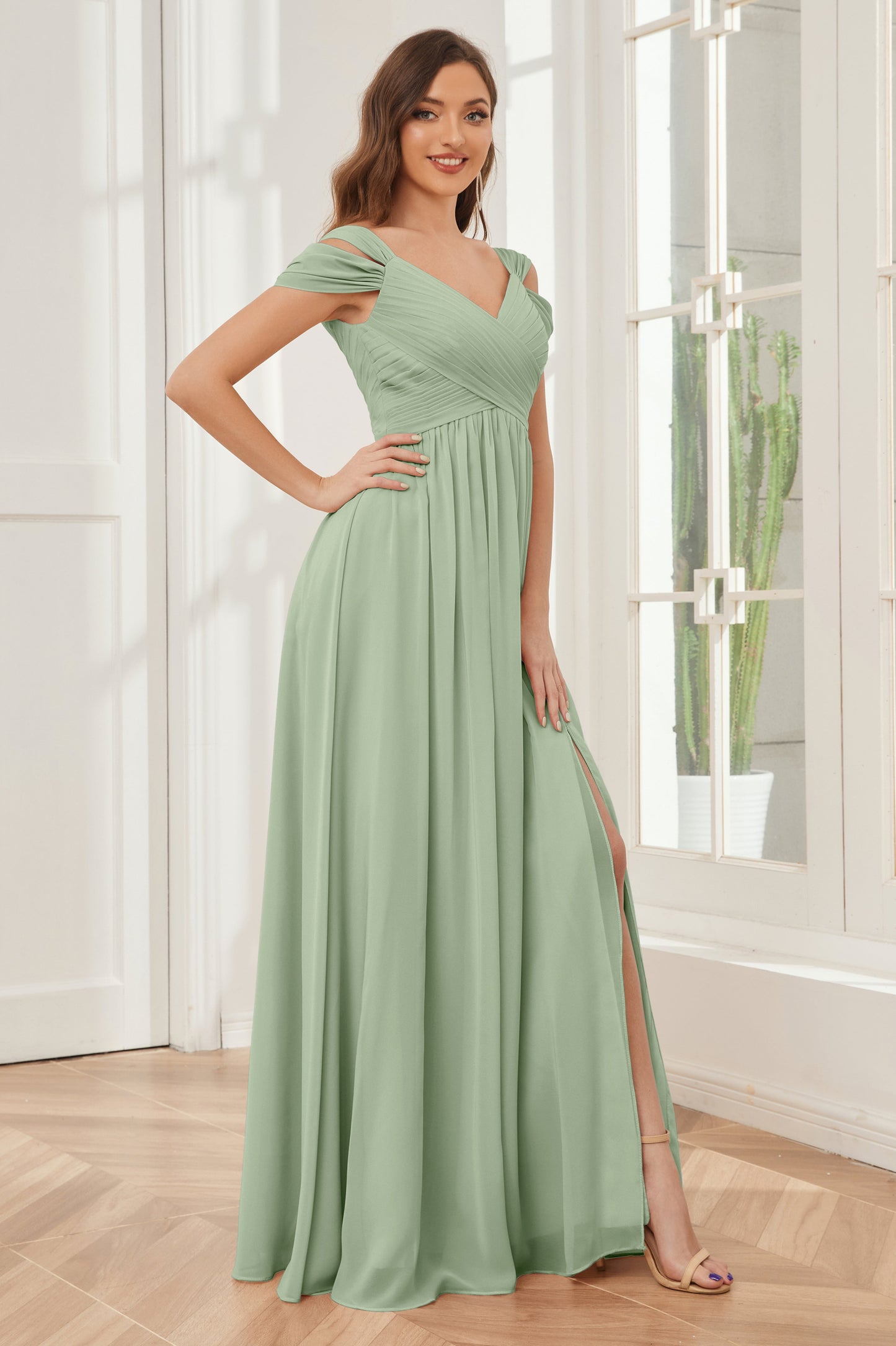 Off-the-Shoulder side Slit Empire Bridesmaid Dresses