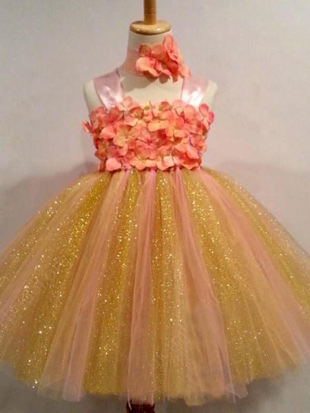 Sweet Ball Gown Strapless Tulle Ankle-length Bowknot Ribbons Multi Flower Girl Dresses JS734