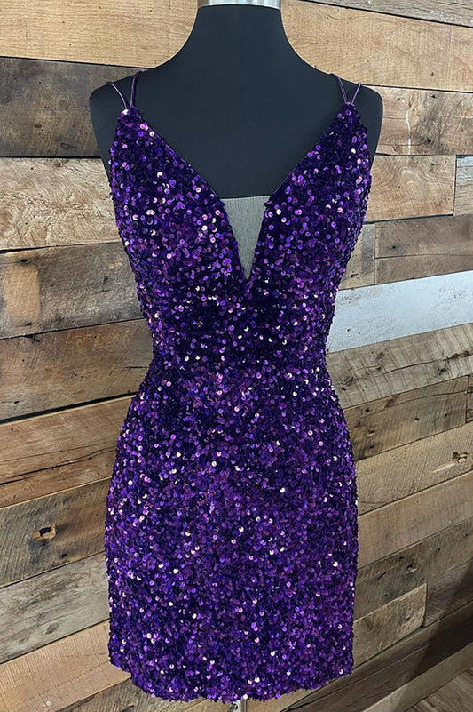 Sparkly Purple V Neck Spaghetti Straps Sequins Short Homecoming Dresses