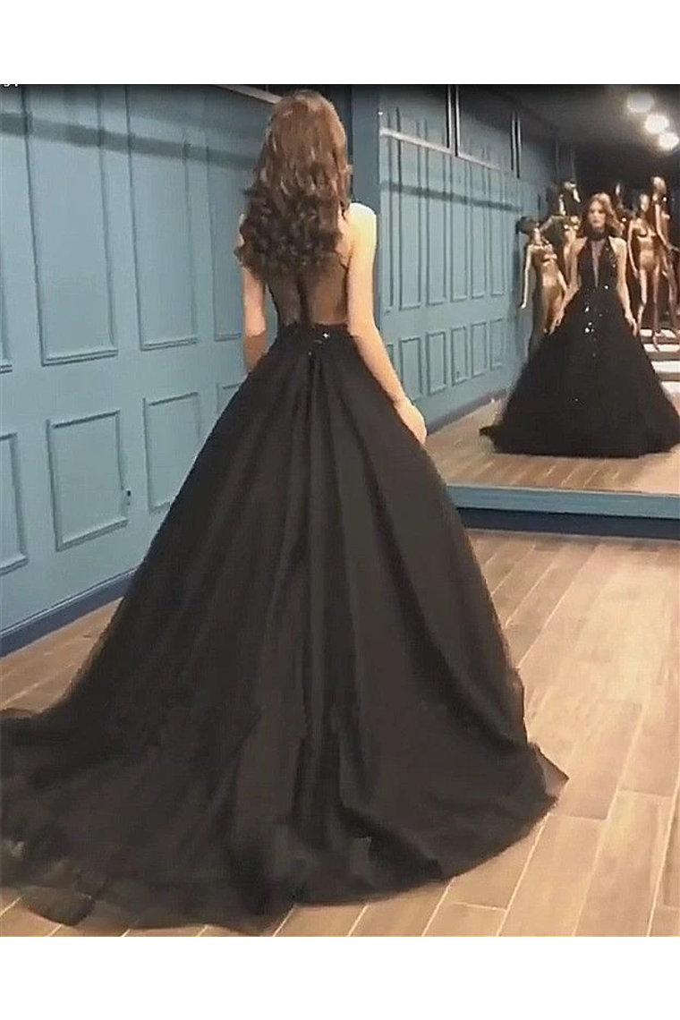 Sexy Ball Gown High Neck Black Tulle V Neck Sequins Party Dresses Prom SJSPQC2HNL1