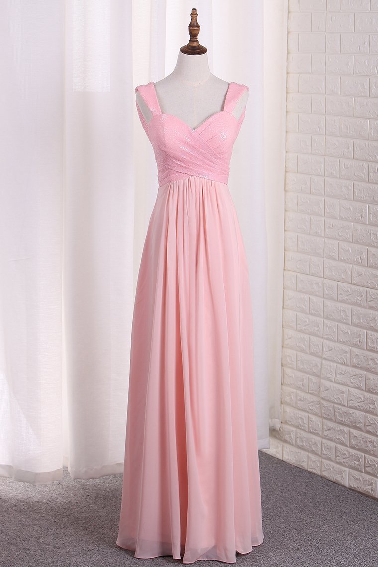 Bridesmaid Dresses Straps Sequined Bodice A Line Chiffon Floor Length