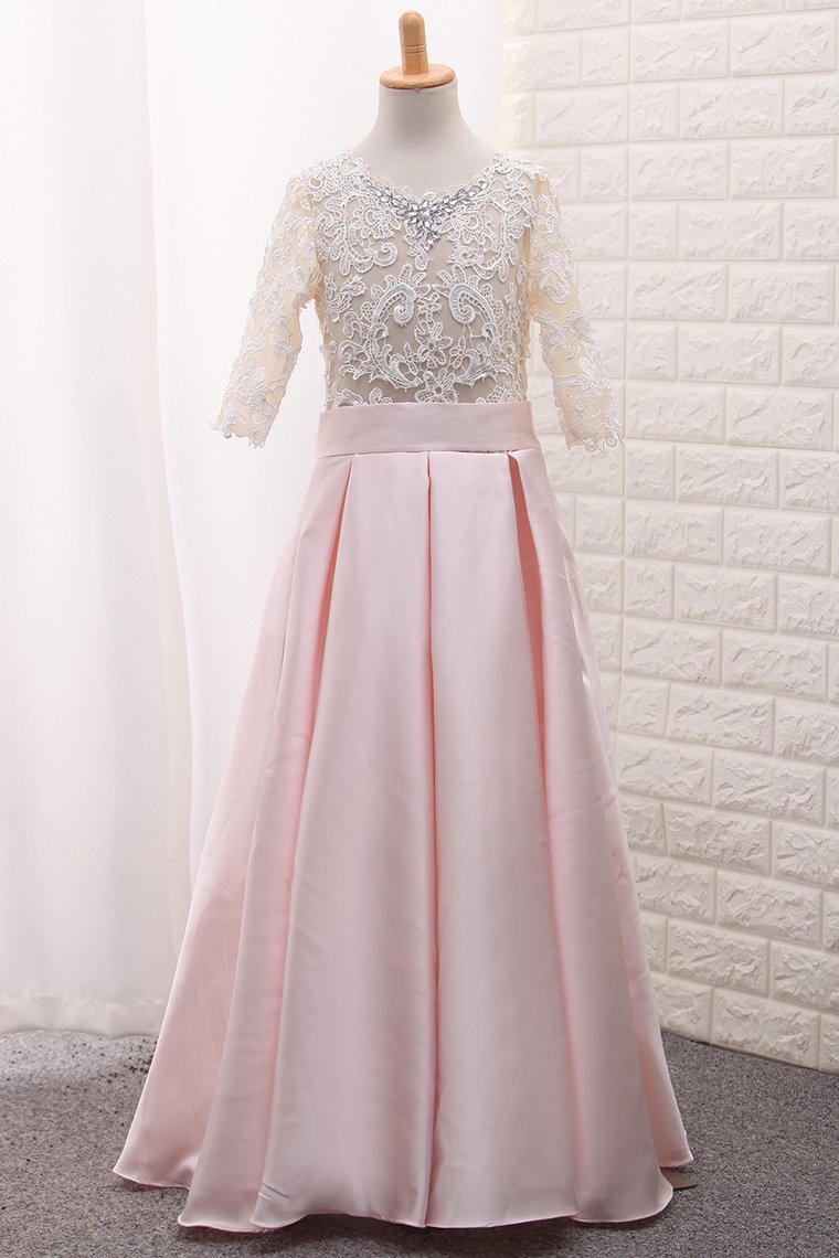 2024 Scoop Mid-Length Sleeve Satin A Line Flower Girl Dresses With Applique Floor-Length