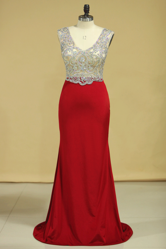 Red V Neck Beaded Bodice Open Back Prom Dresses Column Spandex Sweep Train Plus Size