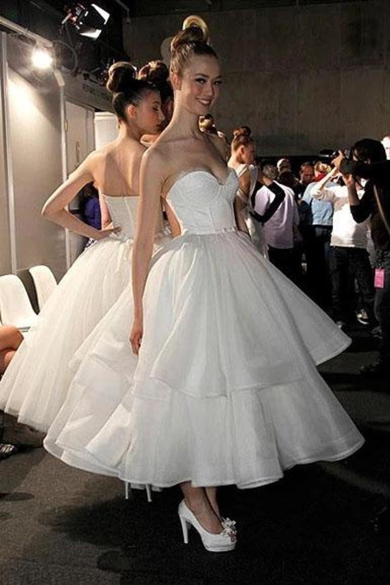 A Line Strapless Sweetheart Organza Tea Length Wedding Dresses Prom SJSP4QYSTKF