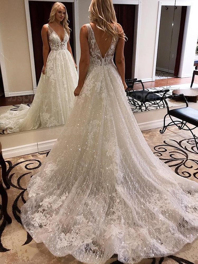 Luxurious Ball Gown V Neck Open Back Ivory Lace Wedding Dresses,Sequins Beach Bridal Dresses SRS15259