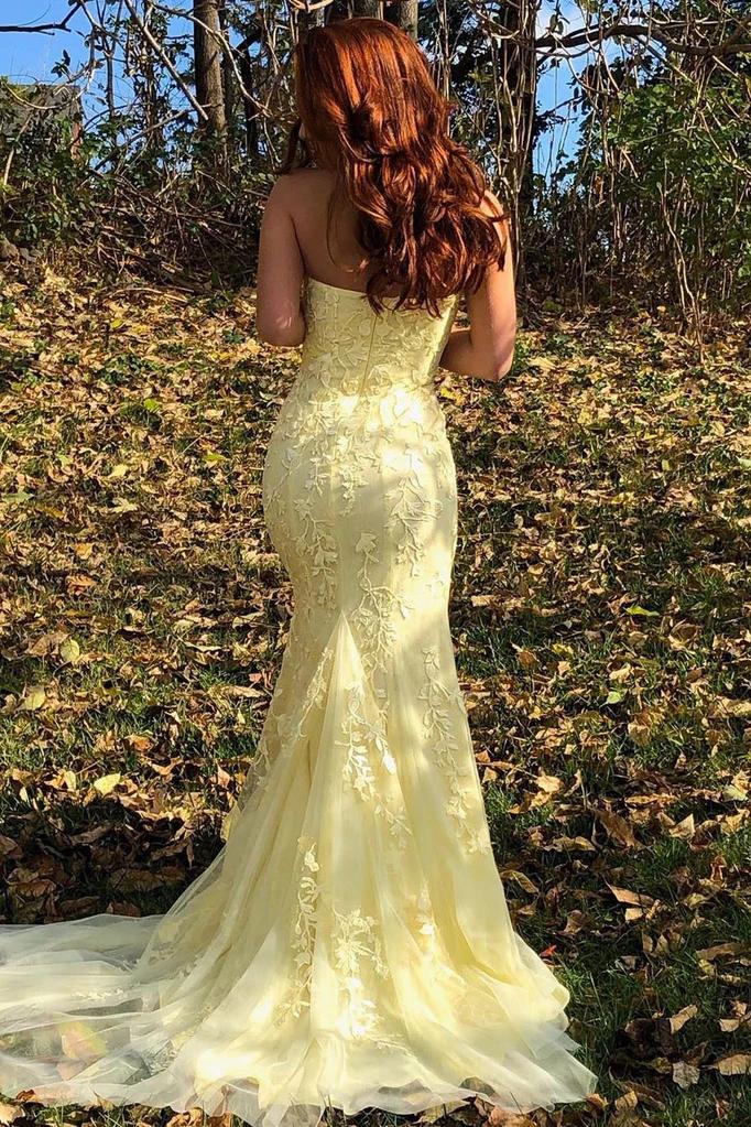 Yellow Mermaid Strapless Lace Appliques Prom Dresses with Slit, Evening SJS20475