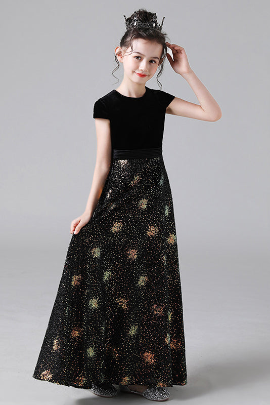 A Line Black Cap Sleeve Floor Length Flower Girl Dresses