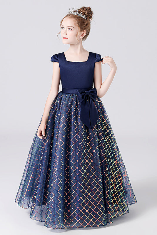 Navy Blue Cap Sleeve Floor Length Flower Girl Dresses With Bownot