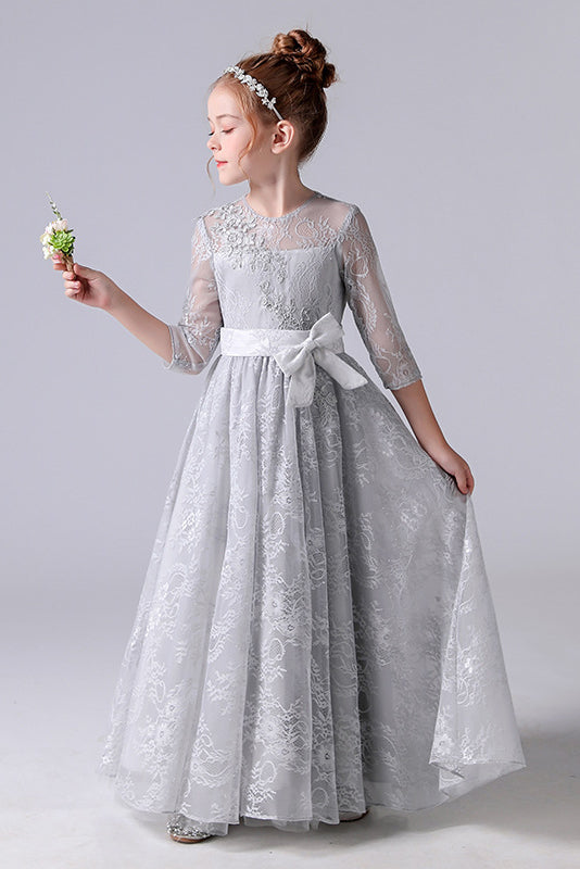 Elegant Appliques Long Sleeve Flower Girl Dresses With Bow