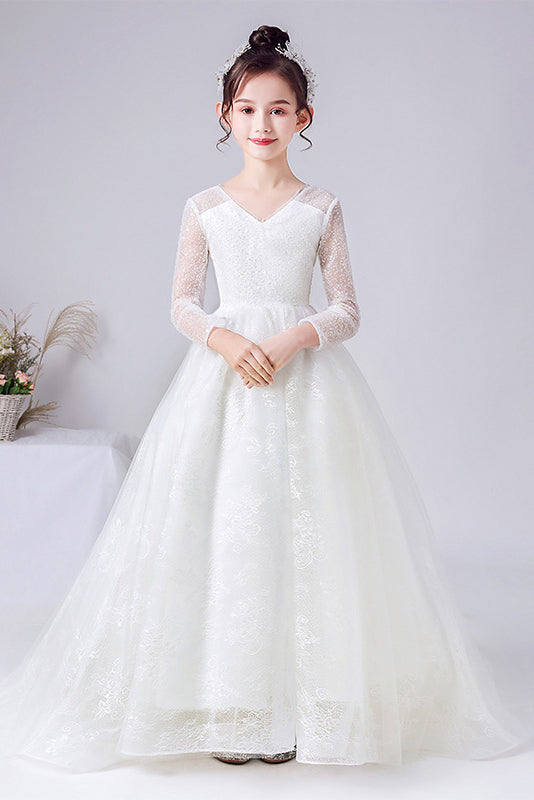 A Line Elegant Long Sleeve Lace Flower Girl Dress With Bownet