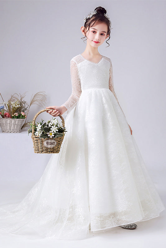 A Line Elegant Long Sleeve Lace Flower Girl Dress With Bownet