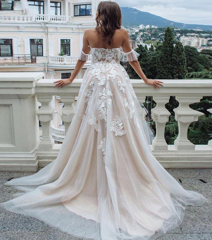 Princess A Line Off the Shoulder Sweetheart Beach Wedding Dresses with Appliques SJS15585