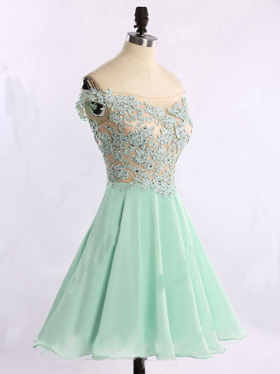 Short Chiffon Tulle Appliques Lace Beads Cute Off the Shoulder Green Homecoming Dresses JS740