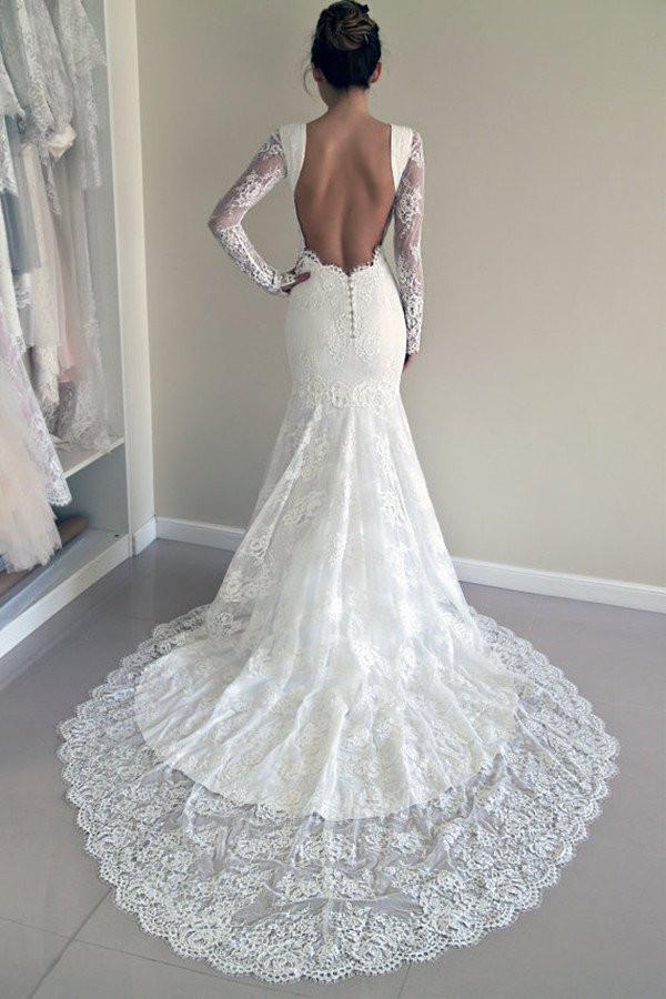 Long Sleeves Open Back Lace Appliques Scoop Mermaid Long Beach Wedding Dresses