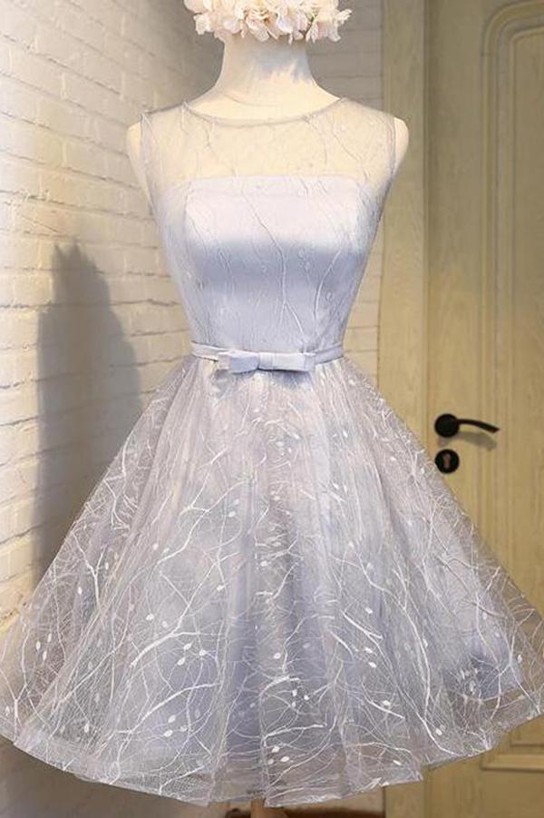 Cute Silver A Line See Through Scoop Organza Top Cheap Lace up Homecoming Dresses JS866