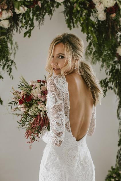 A Line Long Sleeves Ivory Rustic Lace Backless Scoop Neck Beach Wedding Dresses